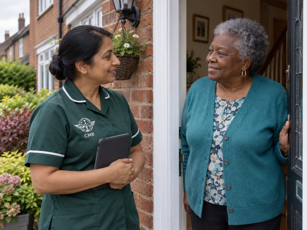 A community nurse talking to an older adult at her front door; illustrative scene.