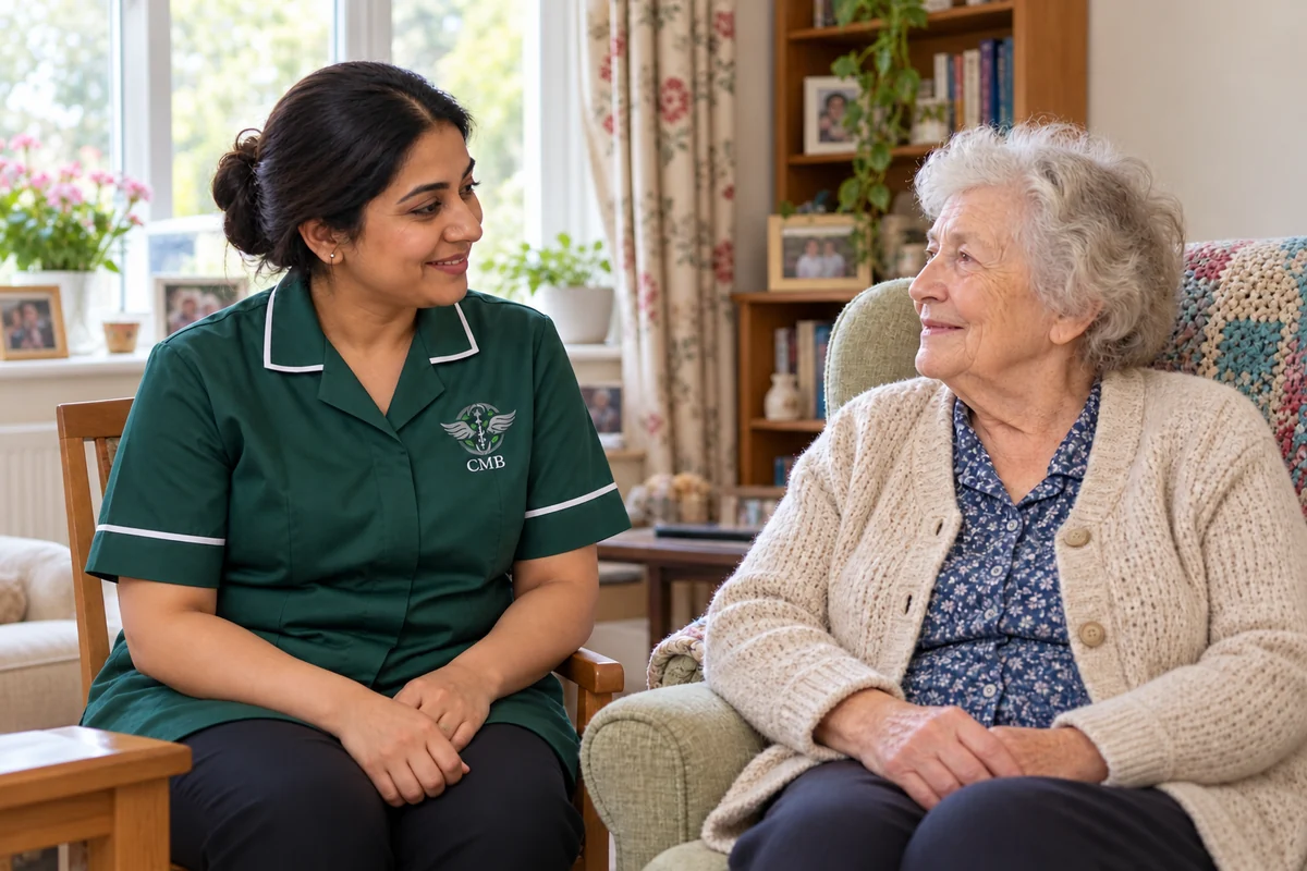 A CMB-uniformed care worker talking with an older woman in her own home; illustrative domiciliary care scene.