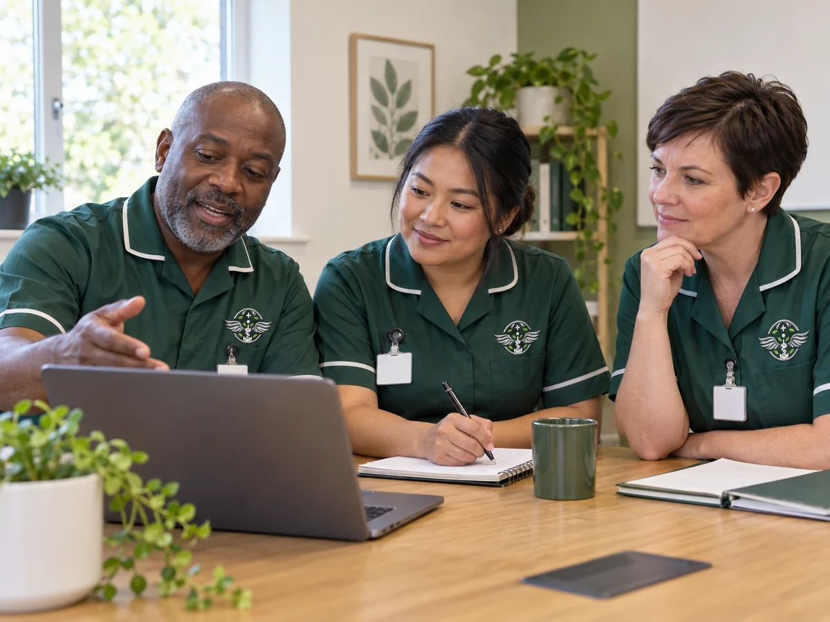 Illustrative CMB care professionals discussing their work together.