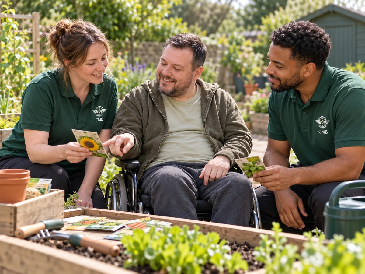 An adult wheelchair user choosing plants with two support workers wearing CMB-branded uniforms; illustrative scene.
